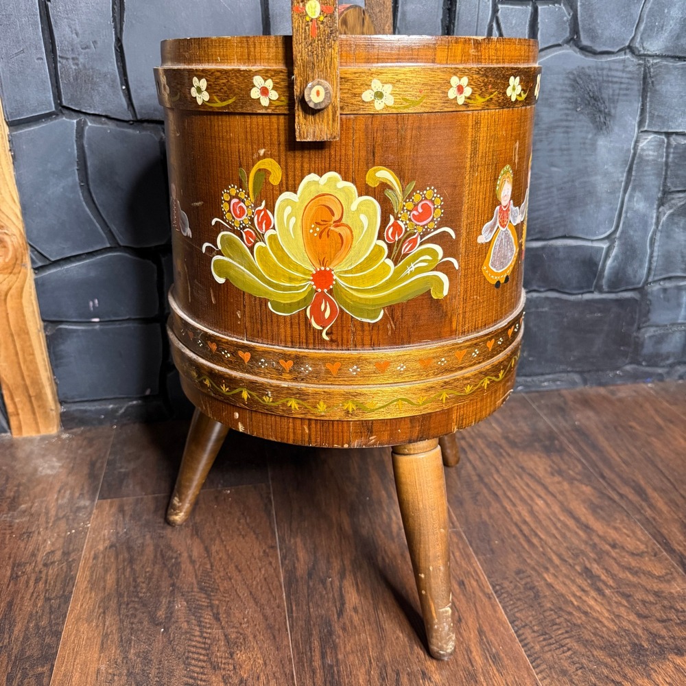 Vintage Hand Painted Folk Art Wooden Sewing Bucket Tripod Stool Signed Reni - Picture 3 of 9